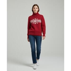 Vtg 00s Tommy Hilfiger 100% Cotton Snowflake Turtleneck Sweater Sz M Red White